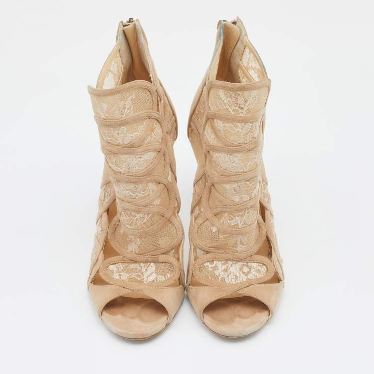 Pre Owned Jimmy Choo Beige Lace and Suede Flaunt Ankle Booties Size 37