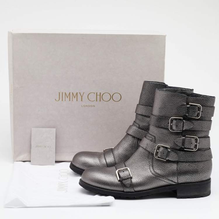 Pre Owned Jimmy Choo Grey Textured Leather Dawson Buckle Details Ankle Boots Size 39