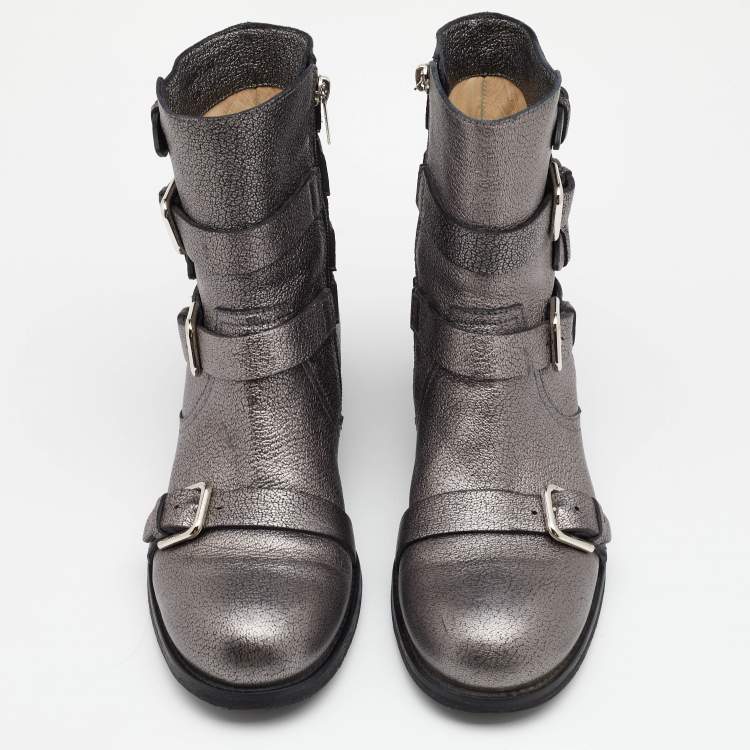 Pre Owned Jimmy Choo Grey Textured Leather Dawson Buckle Details Ankle Boots Size 39