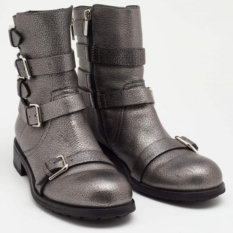 Pre Owned Jimmy Choo Grey Textured Leather Dawson Buckle Details Ankle Boots Size 39