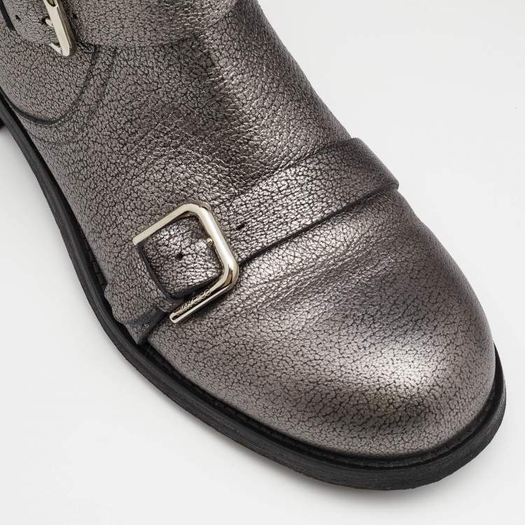 Pre Owned Jimmy Choo Grey Textured Leather Dawson Buckle Details Ankle Boots Size 39