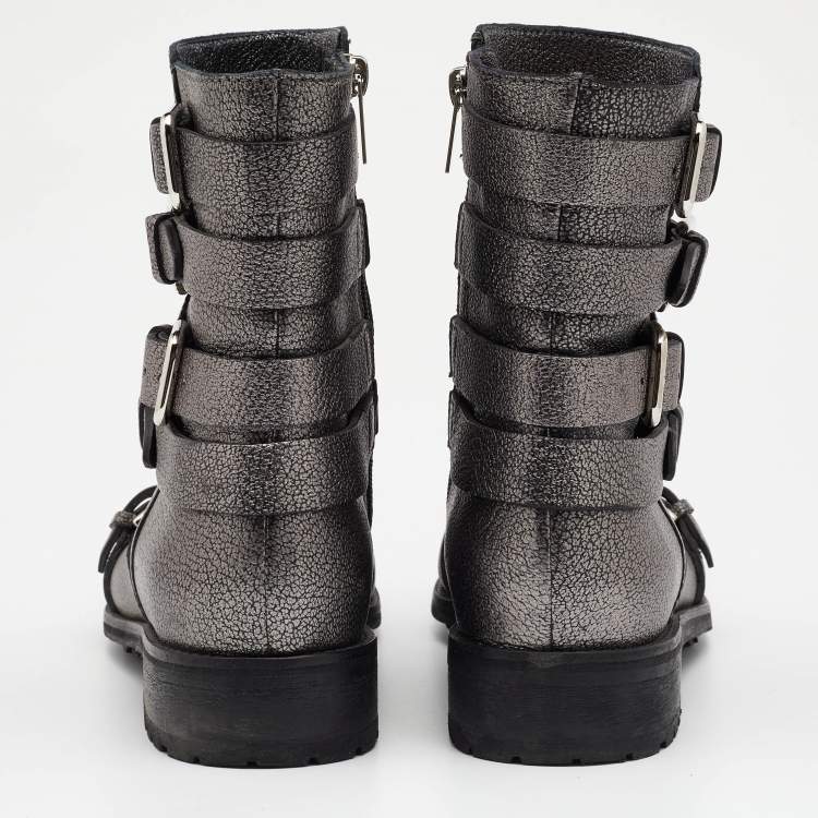 Pre Owned Jimmy Choo Grey Textured Leather Dawson Buckle Details Ankle Boots Size 39