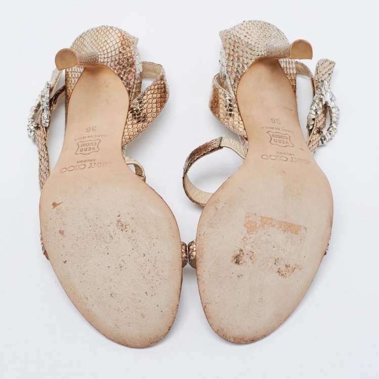 Pre Owned Jimmy Choo Metallic Gold Python Embossed Leather Crystal Embellished Ankle Strap Sandals Size 36