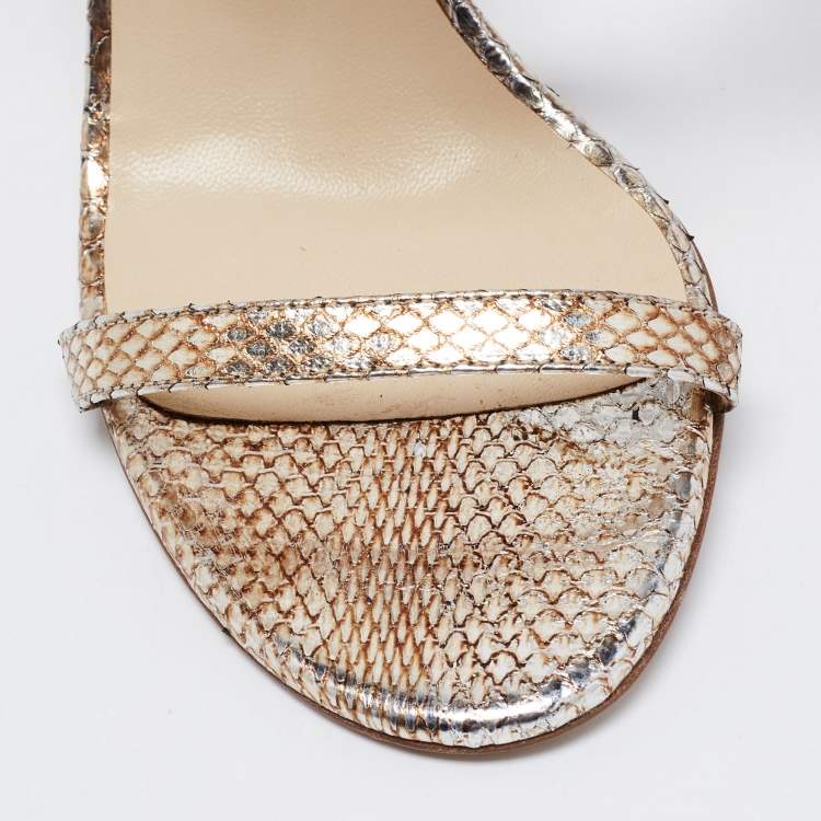 Pre Owned Jimmy Choo Metallic Gold Python Embossed Leather Crystal Embellished Ankle Strap Sandals Size 36