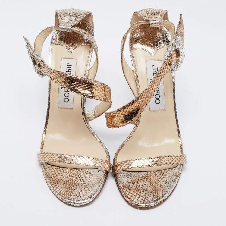 Pre Owned Jimmy Choo Metallic Gold Python Embossed Leather Crystal Embellished Ankle Strap Sandals Size 36
