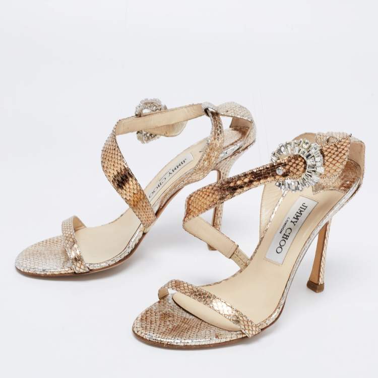 Pre Owned Jimmy Choo Metallic Gold Python Embossed Leather Crystal Embellished Ankle Strap Sandals Size 36