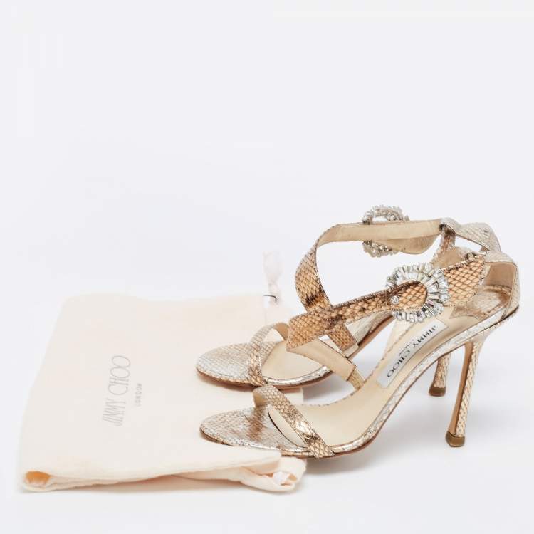 Pre Owned Jimmy Choo Metallic Gold Python Embossed Leather Crystal Embellished Ankle Strap Sandals Size 36