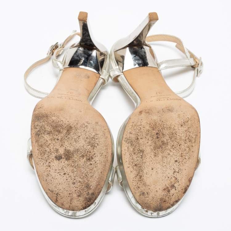 Pre Owned Jimmy Choo Metallic Silver Leather Minny Ankle Strap Sandals Size 37