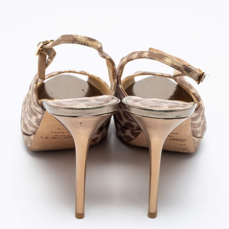 Pre Owned Jimmy Choo Beige/Brown Leopard Print Leather Platform Peep Toe Slingback Sandals Size 39.5