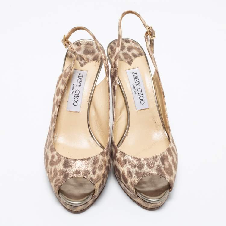 Pre Owned Jimmy Choo Beige/Brown Leopard Print Leather Platform Peep Toe Slingback Sandals Size 39.5