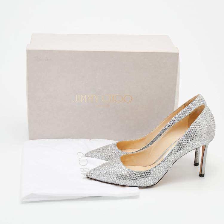 مملوكة مسبقًا Jimmy Choo Metallic Silver Coarse Glitter Romy Pumps Size 38.5