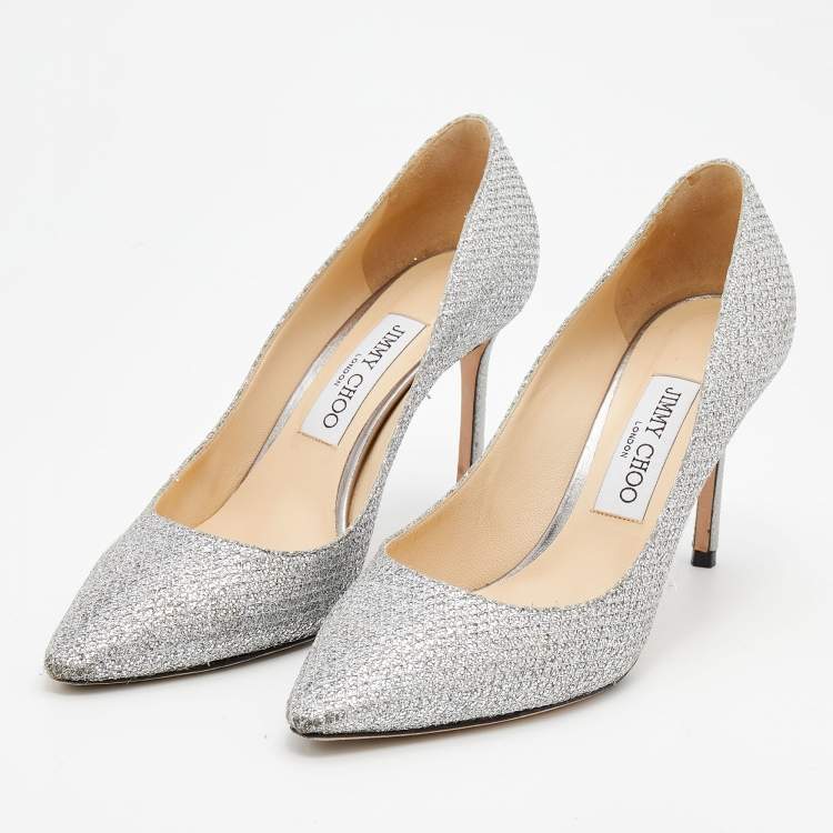 مملوكة مسبقًا Jimmy Choo Metallic Silver Coarse Glitter Romy Pumps Size 38.5