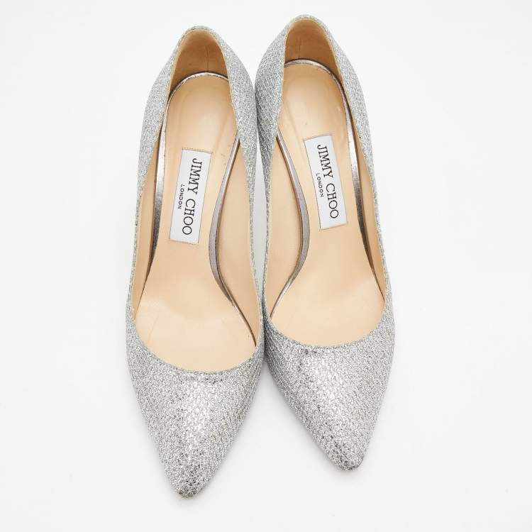 مملوكة مسبقًا Jimmy Choo Metallic Silver Coarse Glitter Romy Pumps Size 38.5