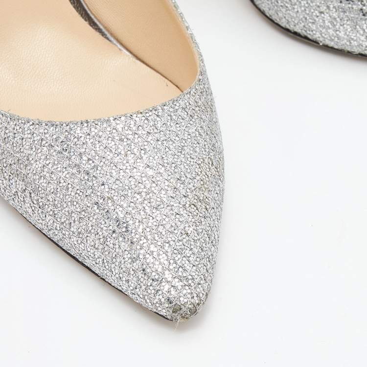 مملوكة مسبقًا Jimmy Choo Metallic Silver Coarse Glitter Romy Pumps Size 38.5