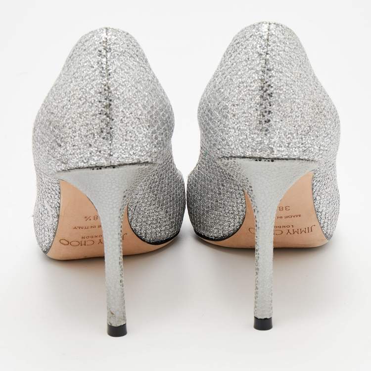 مملوكة مسبقًا Jimmy Choo Metallic Silver Coarse Glitter Romy Pumps Size 38.5