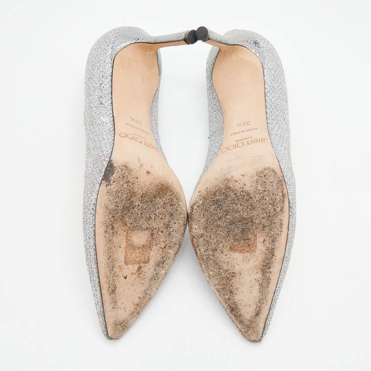 مملوكة مسبقًا Jimmy Choo Metallic Silver Coarse Glitter Romy Pumps Size 38.5