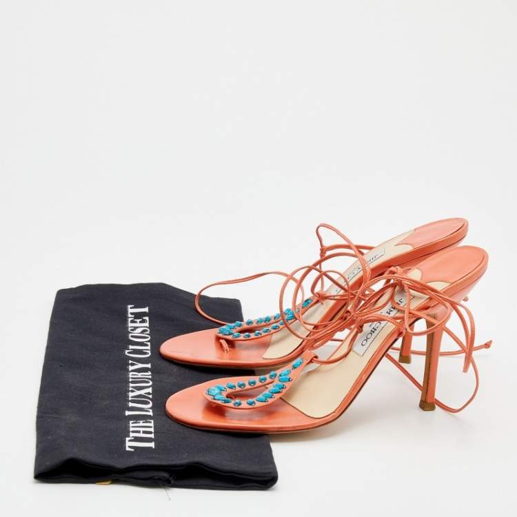 مملوكة مسبقًا Jimmy Choo Orange Leather Crystal Embellished Ankle Wrap Sandals Size 40