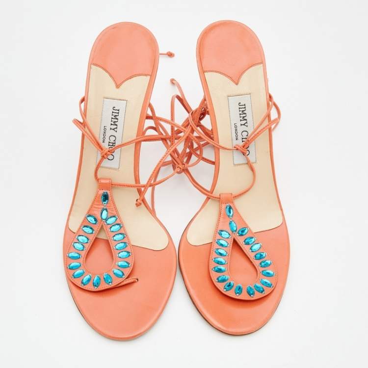 مملوكة مسبقًا Jimmy Choo Orange Leather Crystal Embellished Ankle Wrap Sandals Size 40