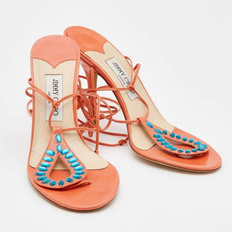 مملوكة مسبقًا Jimmy Choo Orange Leather Crystal Embellished Ankle Wrap Sandals Size 40
