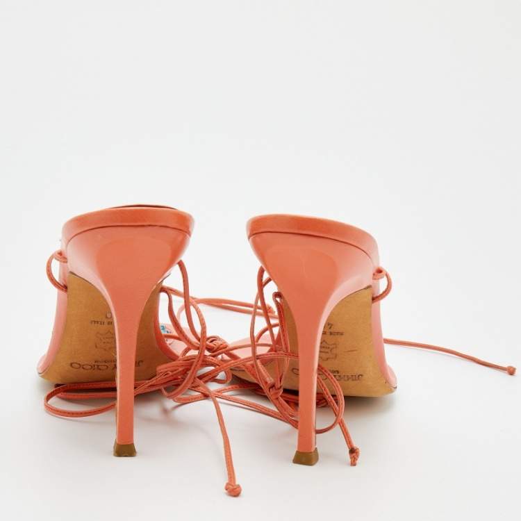 مملوكة مسبقًا Jimmy Choo Orange Leather Crystal Embellished Ankle Wrap Sandals Size 40
