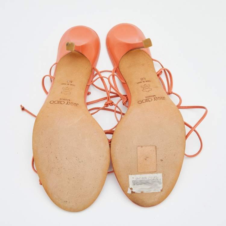 مملوكة مسبقًا Jimmy Choo Orange Leather Crystal Embellished Ankle Wrap Sandals Size 40