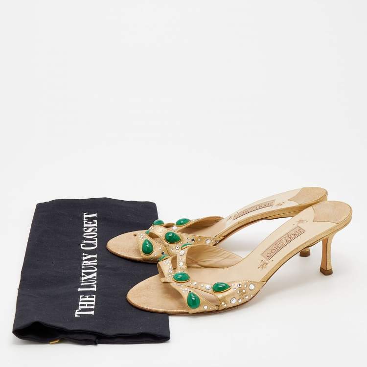 Pre Owned Jimmy Choo Boutique Metallic Gold Leather Crystal Embellished Slide Sandals Size 41