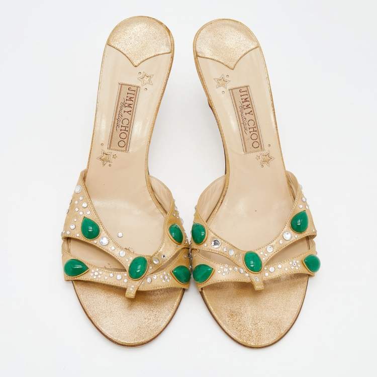 Pre Owned Jimmy Choo Boutique Metallic Gold Leather Crystal Embellished Slide Sandals Size 41