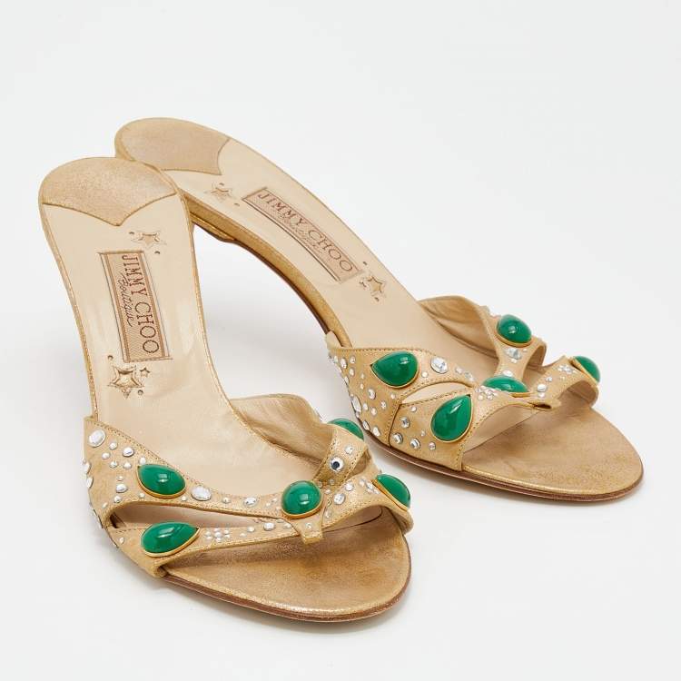 Pre Owned Jimmy Choo Boutique Metallic Gold Leather Crystal Embellished Slide Sandals Size 41