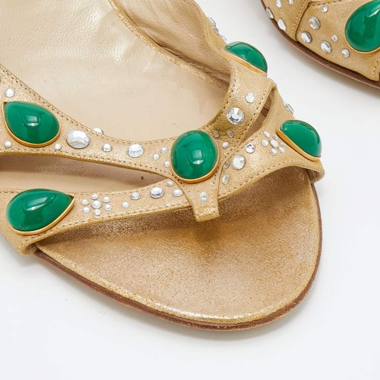 Pre Owned Jimmy Choo Boutique Metallic Gold Leather Crystal Embellished Slide Sandals Size 41