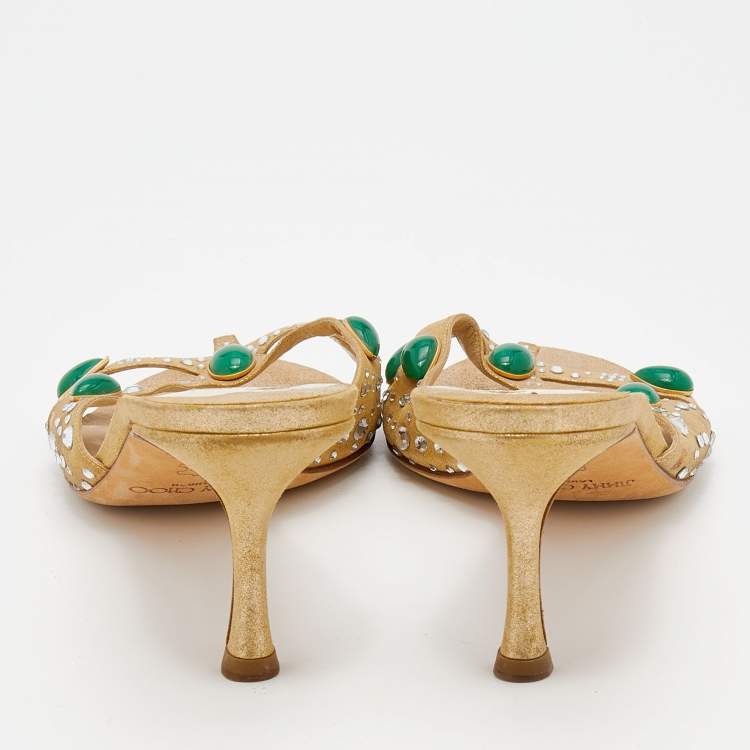 Pre Owned Jimmy Choo Boutique Metallic Gold Leather Crystal Embellished Slide Sandals Size 41