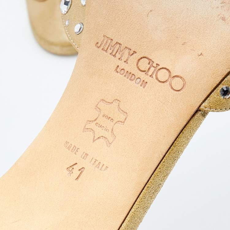 Pre Owned Jimmy Choo Boutique Metallic Gold Leather Crystal Embellished Slide Sandals Size 41