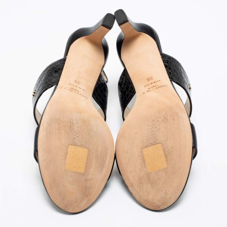 Pre Owned Jimmy Choo Black Leather and Croc Embossed Leather Slingback Sandals Size 36