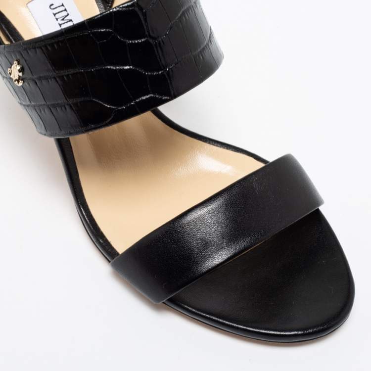 Pre Owned Jimmy Choo Black Leather and Croc Embossed Leather Slingback Sandals Size 36
