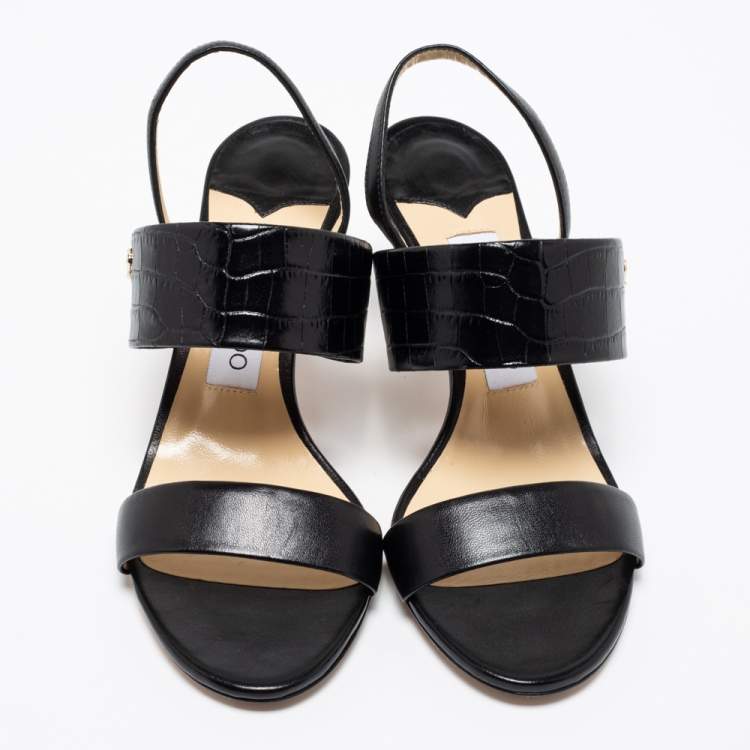 Pre Owned Jimmy Choo Black Leather and Croc Embossed Leather Slingback Sandals Size 36