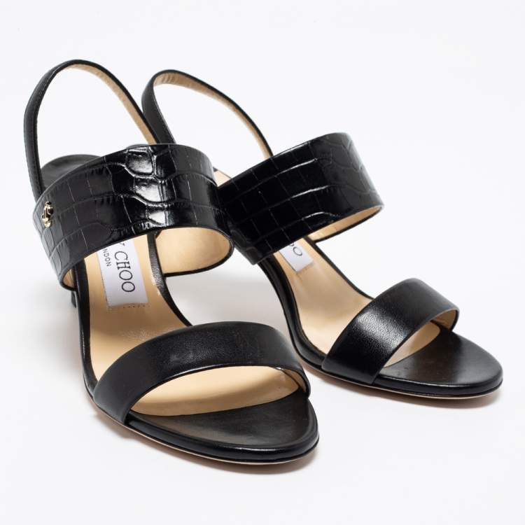 Pre Owned Jimmy Choo Black Leather and Croc Embossed Leather Slingback Sandals Size 36