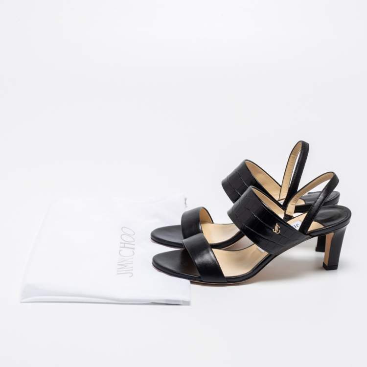 Pre Owned Jimmy Choo Black Leather and Croc Embossed Leather Slingback Sandals Size 36