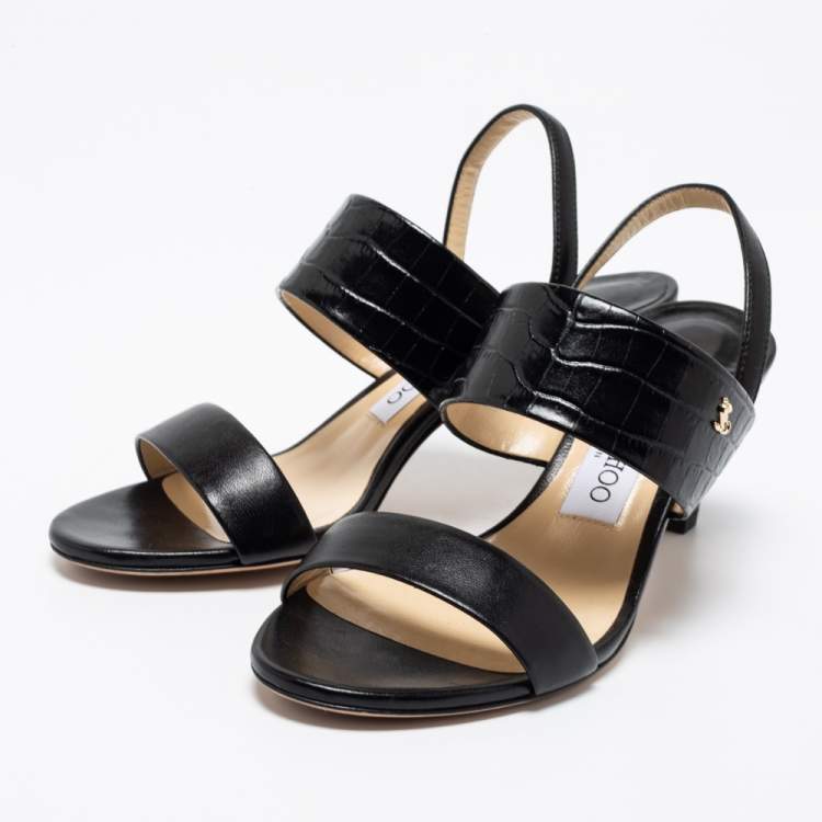 Pre Owned Jimmy Choo Black Leather and Croc Embossed Leather Slingback Sandals Size 36