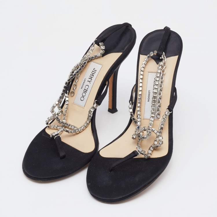Pre Owned Jimmy Choo Silver/Black Crystals And Satin Strappy Sandals Size 38