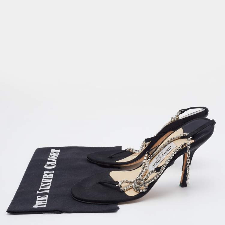 Pre Owned Jimmy Choo Silver/Black Crystals And Satin Strappy Sandals Size 38