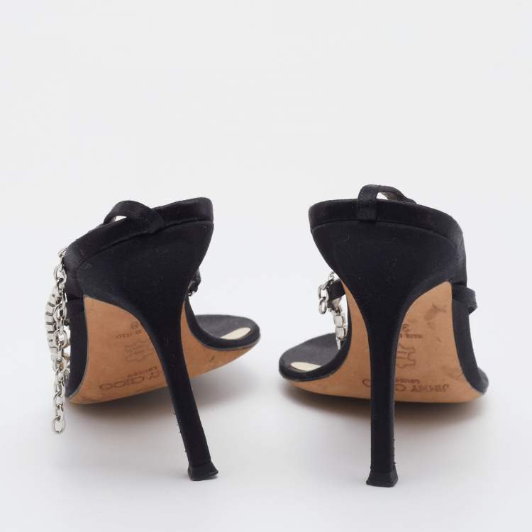 Pre Owned Jimmy Choo Silver/Black Crystals And Satin Strappy Sandals Size 38