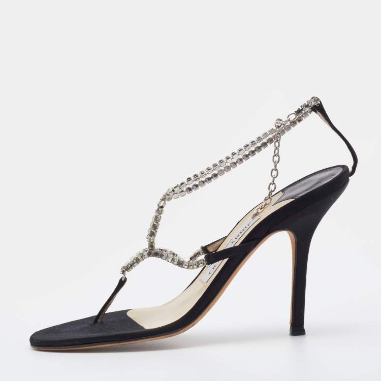 Pre Owned Jimmy Choo Silver/Black Crystals And Satin Strappy Sandals Size 38