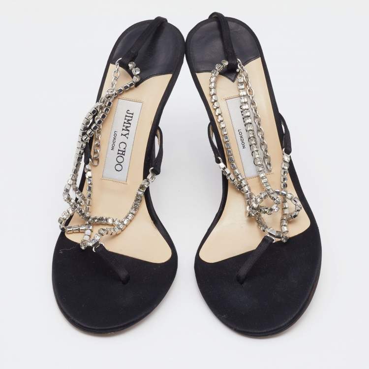 Pre Owned Jimmy Choo Silver/Black Crystals And Satin Strappy Sandals Size 38