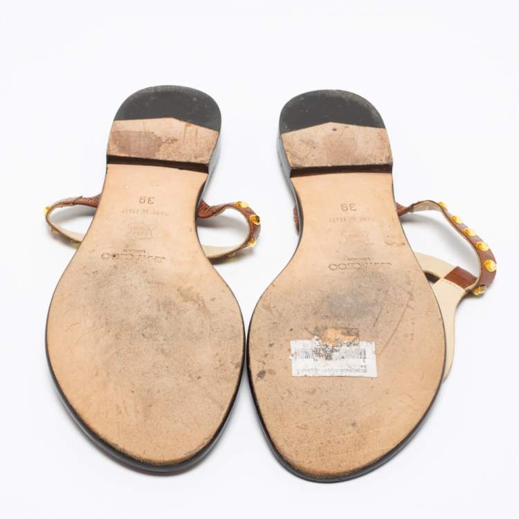 مملوكة مسبقًا Jimmy Choo Brown Leather Crystal Embellished Thong Flats Size 39
