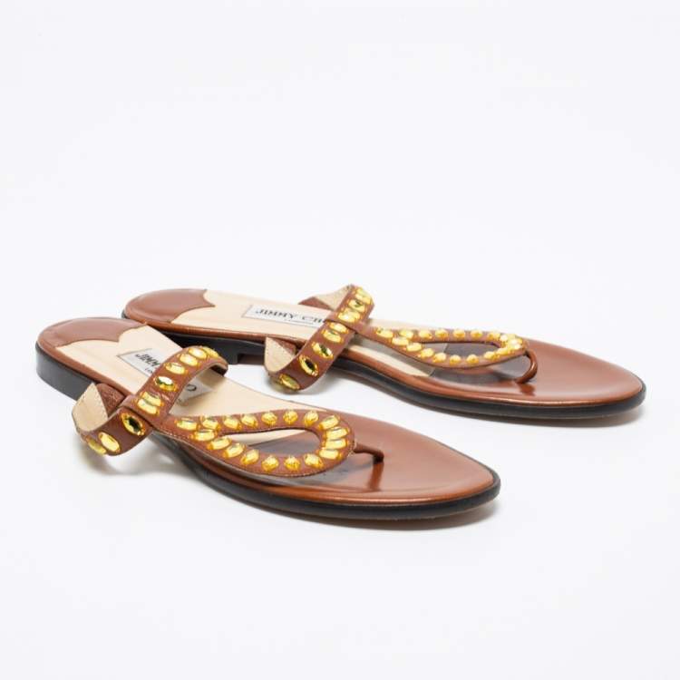 مملوكة مسبقًا Jimmy Choo Brown Leather Crystal Embellished Thong Flats Size 39