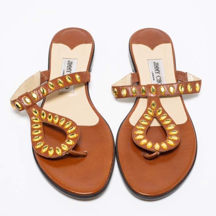 مملوكة مسبقًا Jimmy Choo Brown Leather Crystal Embellished Thong Flats Size 39