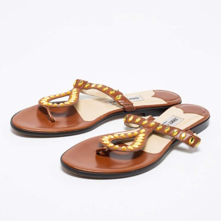 مملوكة مسبقًا Jimmy Choo Brown Leather Crystal Embellished Thong Flats Size 39