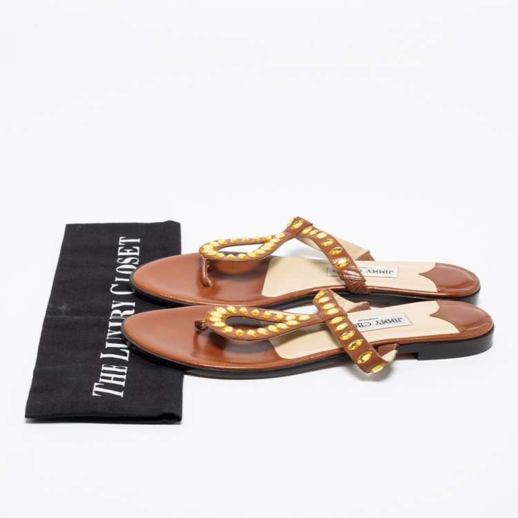 مملوكة مسبقًا Jimmy Choo Brown Leather Crystal Embellished Thong Flats Size 39