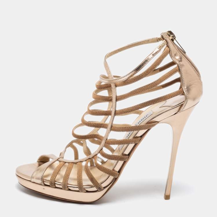 Pre Owned Jimmy Choo Gold Leather and Suede Strappy Sandals Size 38.5