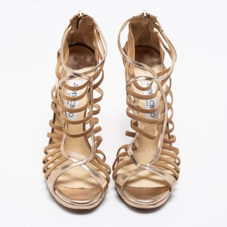 Pre Owned Jimmy Choo Gold Leather and Suede Strappy Sandals Size 38.5