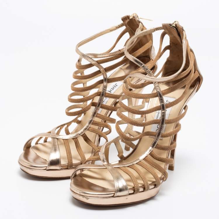 Pre Owned Jimmy Choo Gold Leather and Suede Strappy Sandals Size 38.5